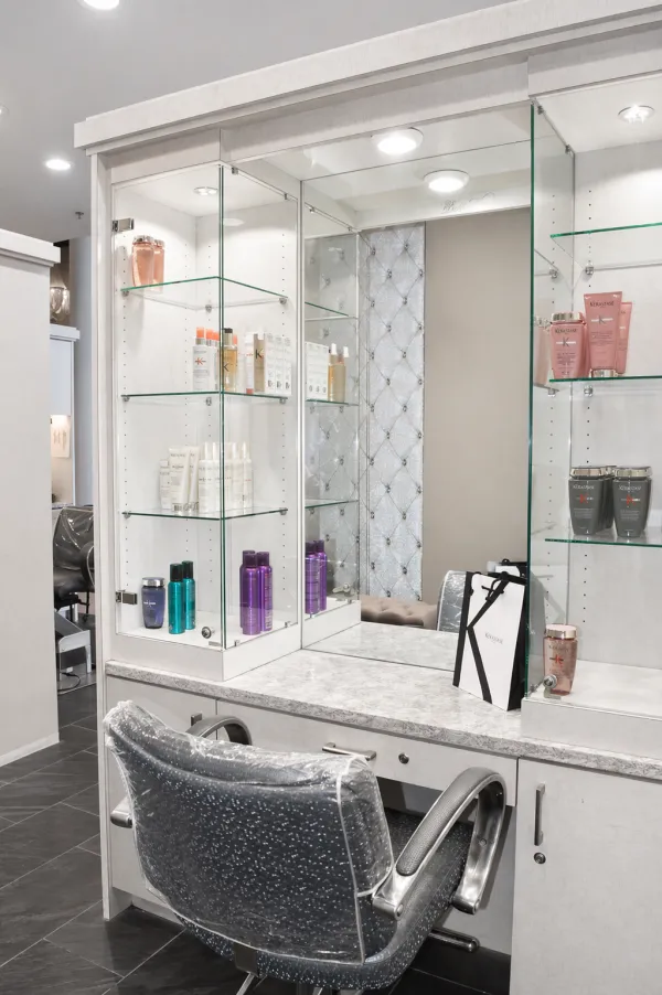 Empty stylist station at Bella Mia Salon